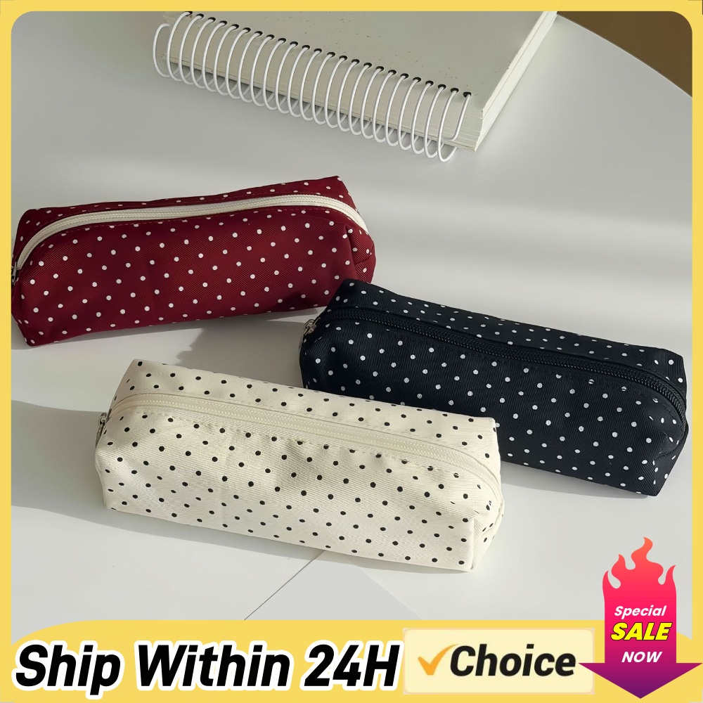 Aesthetic Large Pencil Case Pouch - 귀여운 폴카 도트 연필 케이스 미적