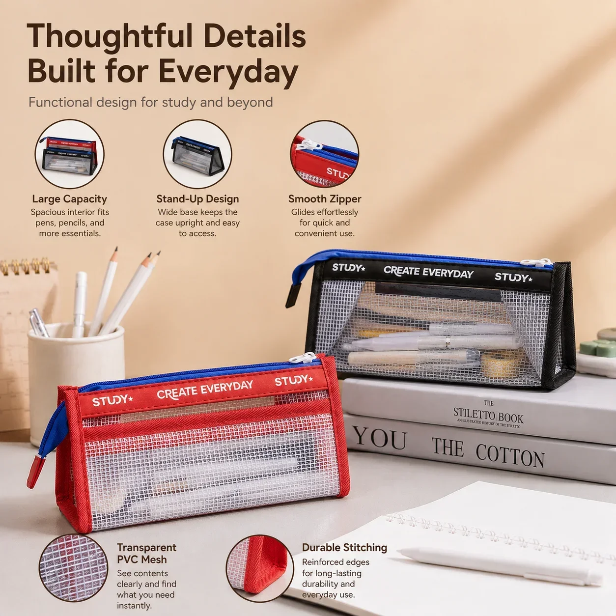 Aesthetic Large Pencil Case Pouch - 투명 필통, 대용량 투명 펜 파우치