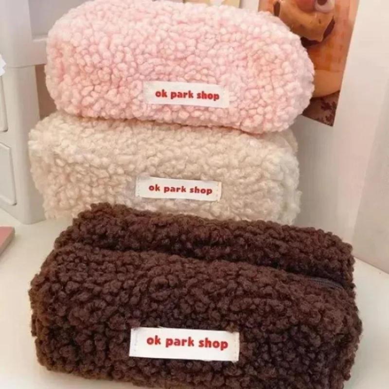 Aesthetic Large Pencil Case Pouch - 양털 플러시 보관 가방 심플한 미적
