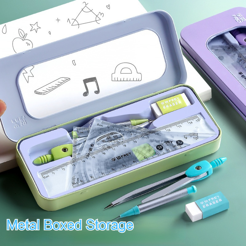 Math Geometry Set With Compass - 7 Pcs 수학 눈금자 세트 금속